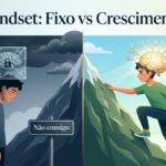 Crie uma imagem hero moderna e altamente motivacional para um artigo sobre o livro "Mindset" de Carol Dweck.  Mostre uma divisão visual clara entre dois mindsets:  Do lado esquerdo: uma pessoa jovem com expressão frustrada e derrotada, cabeça baixa, com um cérebro "trancado" ou congelado dentro de uma caixa de vidro quebrada, simbolizando mindset fixo. Ela está parada diante de uma montanha íngreme, com nuvens escuras e uma placa dizendo "Não consigo". Do lado direito: a mesma pessoa, agora com expressão determinada e confiante, escalando ativamente a mesma montanha. Seu cérebro está brilhando, expandindo e formando novas conexões neurais douradas, com setas de crescimento e engrenagens girando, representando mindset de crescimento. O céu do lado direito é claro, com raios de sol. No centro, uma linha vertical sutil de transição. No topo da imagem, o título em letras elegantes e modernas: "Mindset: Fixo vs Crescimento".  Estilo: design ilustrativo clean e profissional, combinação de flat design com elementos realistas, paleta de cores inspiradora (azul escuro e cinza no lado fixo, vibrante verde, azul claro e dourado no lado crescimento). Alta qualidade, composição equilibrada, visual impactante para capa de artigo SEO, fundo levemente gradiente, iluminação cinematográfica, 16:9 aspect ratio.