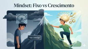 Crie uma imagem hero moderna e altamente motivacional para um artigo sobre o livro "Mindset" de Carol Dweck.  Mostre uma divisão visual clara entre dois mindsets:  Do lado esquerdo: uma pessoa jovem com expressão frustrada e derrotada, cabeça baixa, com um cérebro "trancado" ou congelado dentro de uma caixa de vidro quebrada, simbolizando mindset fixo. Ela está parada diante de uma montanha íngreme, com nuvens escuras e uma placa dizendo "Não consigo". Do lado direito: a mesma pessoa, agora com expressão determinada e confiante, escalando ativamente a mesma montanha. Seu cérebro está brilhando, expandindo e formando novas conexões neurais douradas, com setas de crescimento e engrenagens girando, representando mindset de crescimento. O céu do lado direito é claro, com raios de sol. No centro, uma linha vertical sutil de transição. No topo da imagem, o título em letras elegantes e modernas: "Mindset: Fixo vs Crescimento".  Estilo: design ilustrativo clean e profissional, combinação de flat design com elementos realistas, paleta de cores inspiradora (azul escuro e cinza no lado fixo, vibrante verde, azul claro e dourado no lado crescimento). Alta qualidade, composição equilibrada, visual impactante para capa de artigo SEO, fundo levemente gradiente, iluminação cinematográfica, 16:9 aspect ratio.