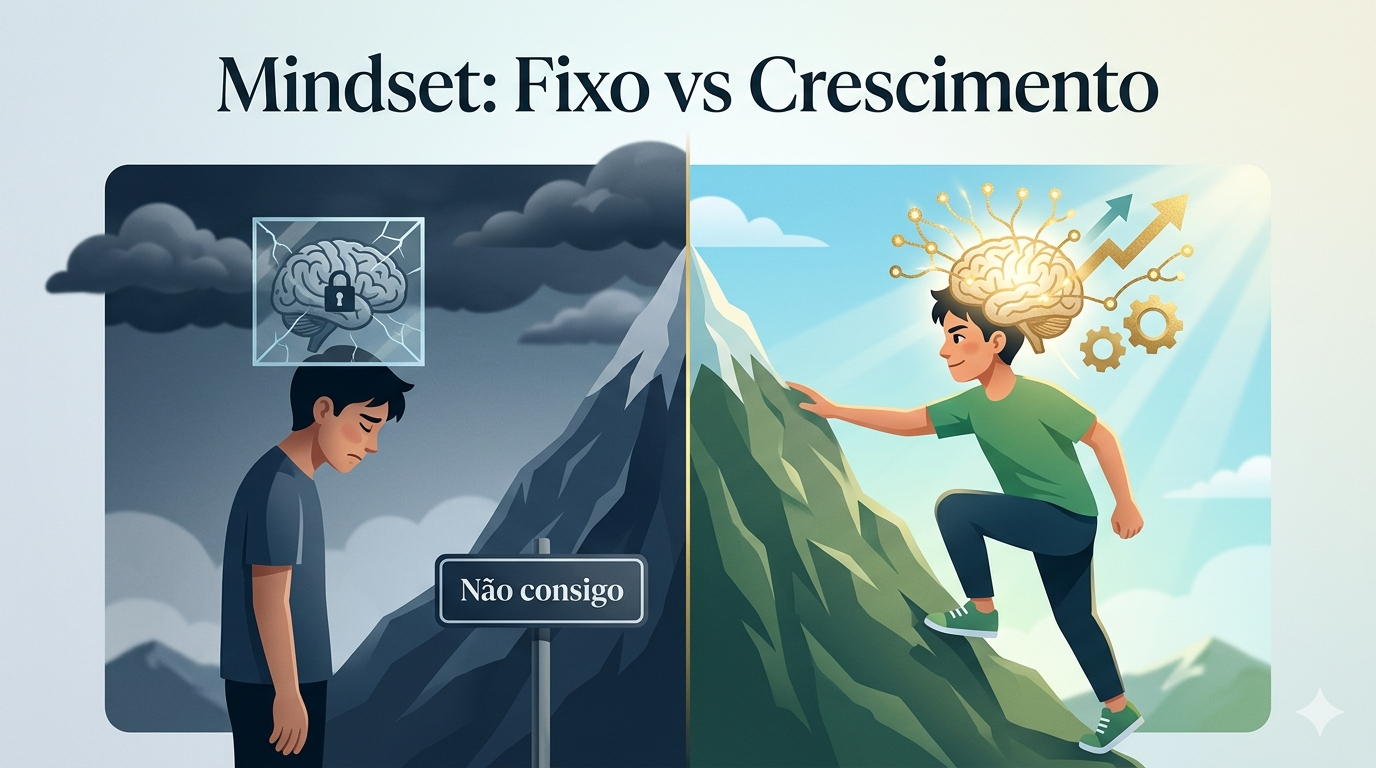 Crie uma imagem hero moderna e altamente motivacional para um artigo sobre o livro "Mindset" de Carol Dweck.  Mostre uma divisão visual clara entre dois mindsets:  Do lado esquerdo: uma pessoa jovem com expressão frustrada e derrotada, cabeça baixa, com um cérebro "trancado" ou congelado dentro de uma caixa de vidro quebrada, simbolizando mindset fixo. Ela está parada diante de uma montanha íngreme, com nuvens escuras e uma placa dizendo "Não consigo". Do lado direito: a mesma pessoa, agora com expressão determinada e confiante, escalando ativamente a mesma montanha. Seu cérebro está brilhando, expandindo e formando novas conexões neurais douradas, com setas de crescimento e engrenagens girando, representando mindset de crescimento. O céu do lado direito é claro, com raios de sol. No centro, uma linha vertical sutil de transição. No topo da imagem, o título em letras elegantes e modernas: "Mindset: Fixo vs Crescimento".  Estilo: design ilustrativo clean e profissional, combinação de flat design com elementos realistas, paleta de cores inspiradora (azul escuro e cinza no lado fixo, vibrante verde, azul claro e dourado no lado crescimento). Alta qualidade, composição equilibrada, visual impactante para capa de artigo SEO, fundo levemente gradiente, iluminação cinematográfica, 16:9 aspect ratio.